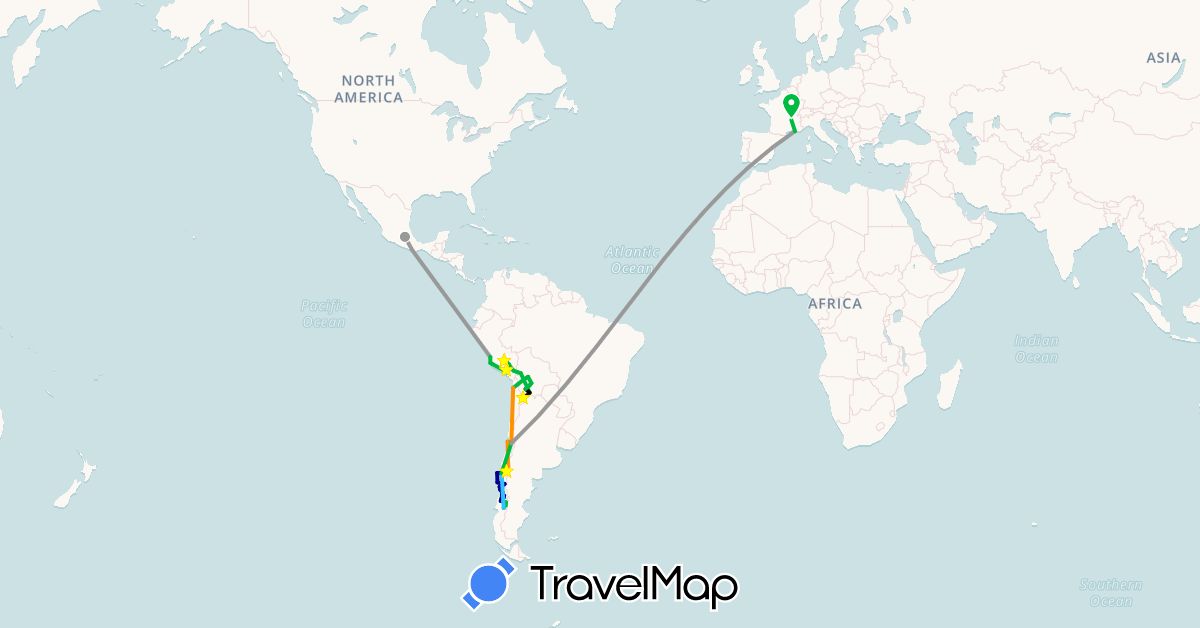 TravelMap itinerary: bus, plane, boat, hitchhiking, 4x4 de leo, rafamobil, columbia, un barco sin hoyo in Bolivia, Chile, France, Mexico, Peru (Europe, North America, South America)